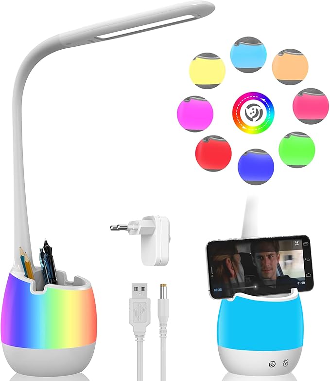 ERAY Rechargeable Desk Lamp with 3 Color Modes/8 Colors Night Light/Pen Holder, Kids LED Study Table Lamp for Home Office Dorm Reading Studying, Eye Caring, Ideal Gifts, Adapter Included