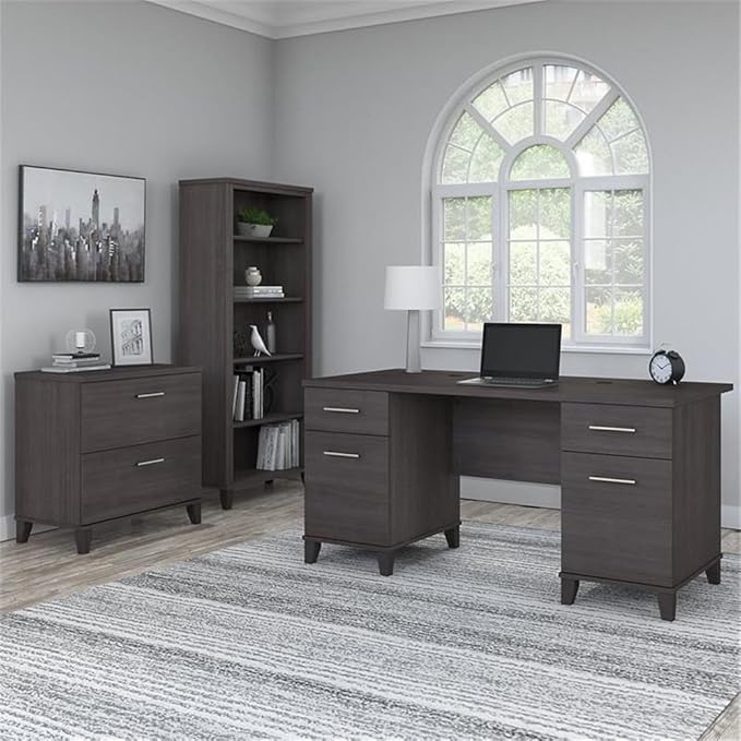 Bush Furniture Somerset 60W Office Desk with Lateral File Cabinet and 5 Shelf Bookcase in Storm Gray