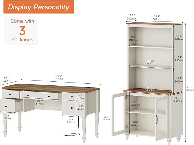 WAMPAT Home Office Furniture Set, 56" Executive Desk with Charging Station, 72" Tall Bookcase with 2 Glass Doors, Wood Computer Desk with File Cabinet Storage, Open Shelf, White