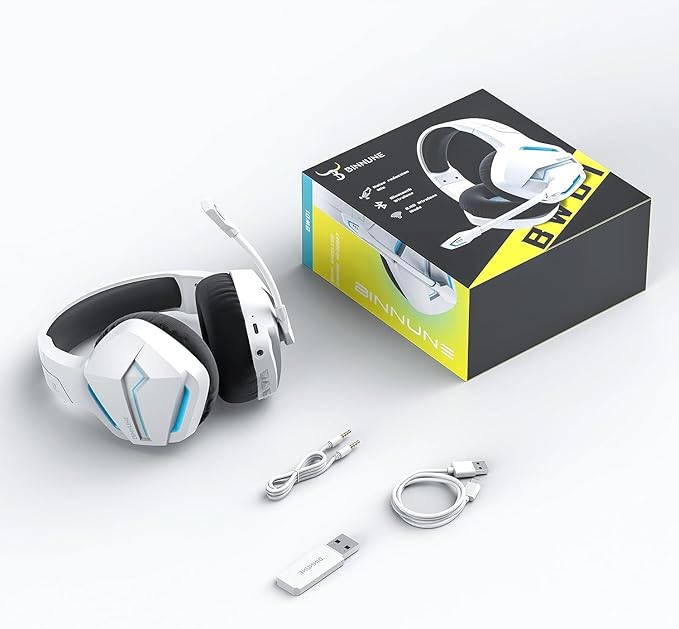 BINNUNE 2.4GHz Wireless Gaming Headset, Bluetooth 5.3 Gaming Headphones with Noise Canceling Mic, 120H Ultra-Long Battery, 50mm Drivers, Multi-Platform for PC / PS5 /PS4/ Switch/Mobile, White