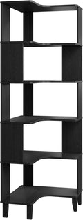 Prepac Nordik 6-Tier Black Modern Mid Century Corner Bookcase, 71.5" Extra Tall Black Corner Shelf with Storage, Multifunctional Freestanding Bookshelf for Home Office, Living Room, Dining Room