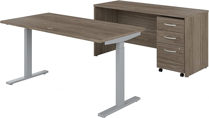 Bush Business Furniture Studio C Height Adjustable Standing Desk, Credenza and Mobile File Cabinet, 60W x 30D, Modern Hickory
