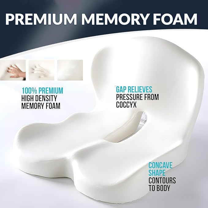 Ergonomic Memory Foam Seat Cushion for Truck Drivers Office Chairs Home Chair Cushion Car Desk Chair Non Slip Pad, Sciatica & Tailbone Pain Relief, Long Sitting Comfort Pad (Grey)