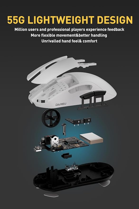 DAREU A950pro Wireless Gaming Mouse:4KHz Polling Rate,55g Ultra-Lightweight,PAW3395 Optical Sensor,26K DPI,5 Programmable Buttons,Support 15min Fast Charging &Tri-Mode Connection