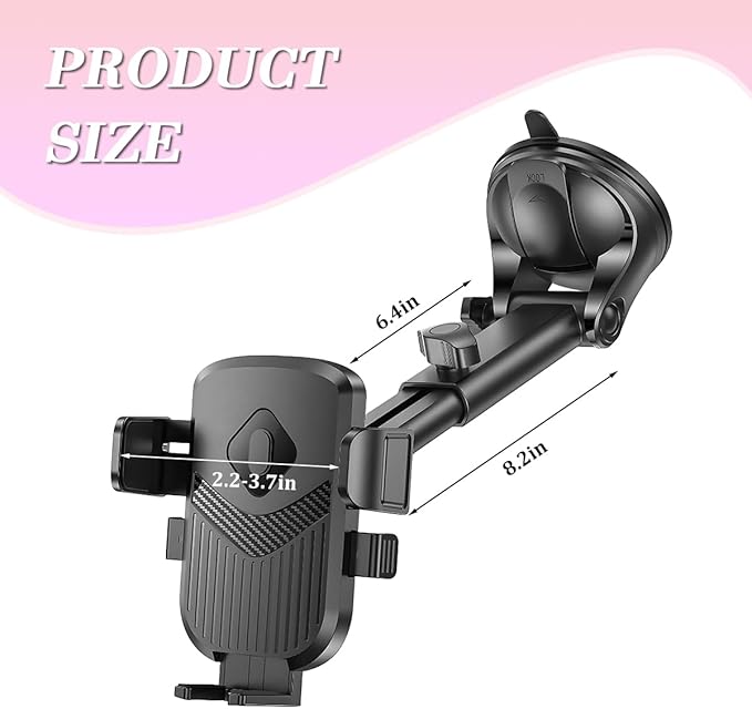 Car Phone Holder, 360° Adjustable Strongest Suction Vehicle Windshield Dashboard Air Vent Cell Phone Mounts, Hands Free Automotive Interior Smartphone Stand, Universal Fit (Black)
