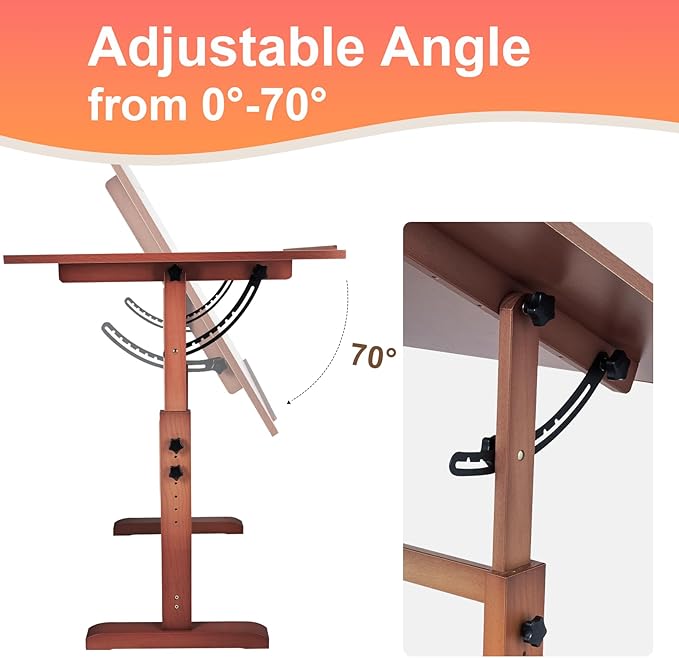 Falling in Art Wooden Drafting Table and Stool Set, Walnut 30" x 42" Adjustable Height and Angle Solid Wood Drawing Desk for Adults, Artist Craft Table for Painting Artwork, Reading, and Writing
