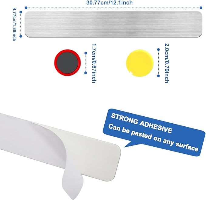 Magnetic Board Strips, 2PCS Frameless Stainless Steel Metal Magnet Bulletin Board Bars with Adhesive Backing, Includes 10 Colorful Magnets, Memo Message Board Strip for Wall Home Office School