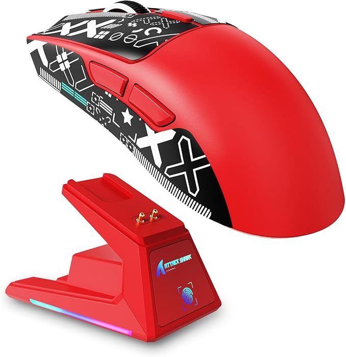 MAMBASNAKE Attack Shark X1 Wireless Gaming Mouse with RGB Charging Dock,PAW3395 PRO Sensor 40K DPI,1KHz Polling Rate 53g Superlight Tri-Mode Computer Mice,5 Programmable Buttons for Win/MAC-Red&Tape