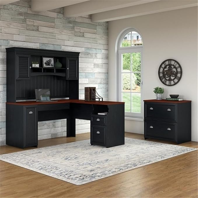 Bush Furniture Fairview 60W L Shaped Desk and Storage Cabinet with Drawer