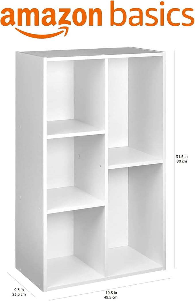 Amazon Basics 5 Cube Storage Organizer Bookcase, Sturdy Shelves for Books and Collectibles, White, 9.25"D x 19.49"W x 31.5"H | Storage Shelves, Book Shelf