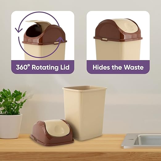 Superio Mini Desktop Trash Can with Swing Top Lid Portable Plastic Garbage Can for Countertop, Desktop, Make up Vanity, Bathroom, Car, Under Sink, Dorm, Compact Waste Bin 5 L, 1.25 Gal (2, Beige)