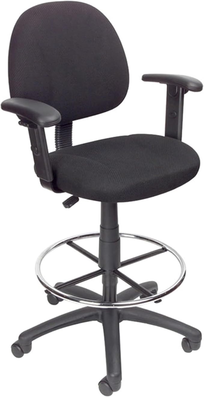 Benzara Jea Drafting Stool Chair, Adjustable Arms, Black Tweed, Round Footring
