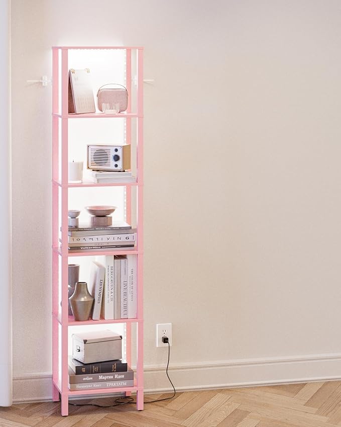 Open Book Shelf with LED Lights, 6 Tier Tall Bookshelf, Freestanding Shelf Narrow Bookcase with Open Shelves, 14.57" x 10.63" x 65.83", Book Shelves for Living Room, Office, Study, Pink