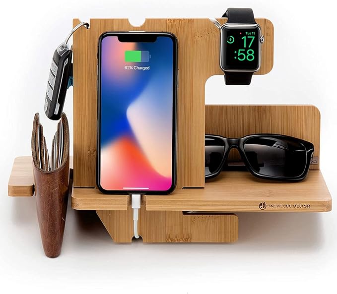 JackCubeDesign Wood Docking Station Nightstand Organizer Key Holder Wallet Stand Watch Gift Anniversary for Men Dad Father Birthday Graduation Gadgets Compatible with iPhone iWatch AirPods - MK242A