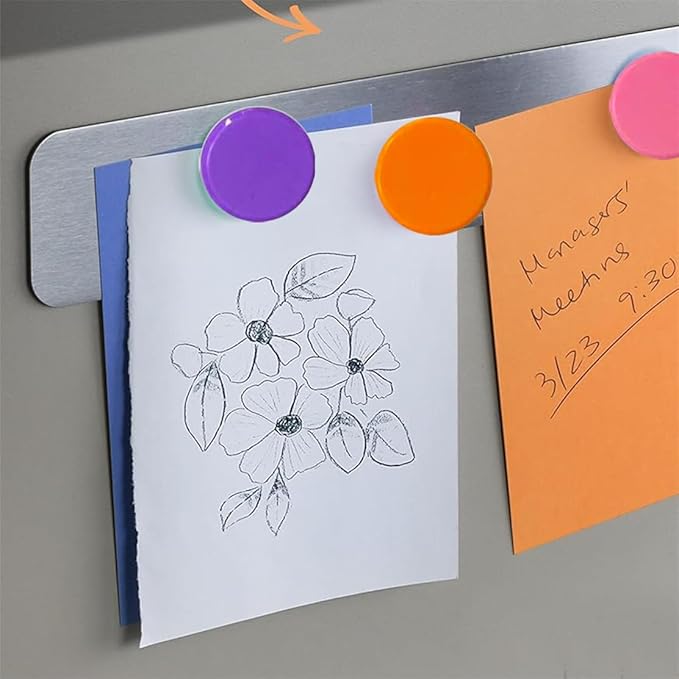 Stainless Iron Strips Bulletin Bar Board Adhesive Frameless Magnetic Bulletin Bar Strip with 10 Pieces Colorful Magnets and 8 Pcs Adhesive Tape, Memo Strip for School Office 2Pcs