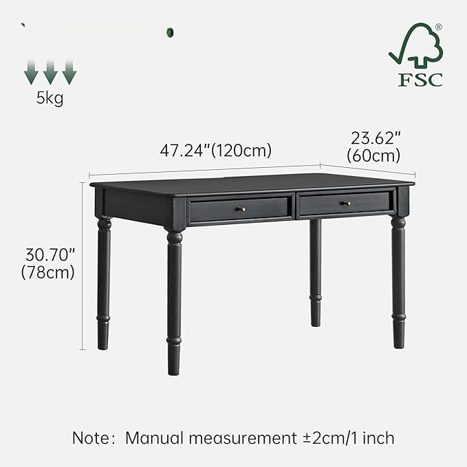 Solid Wood Computer Desk with Double Drawers, Black Vintage Rubber Wood Writing Desk for Home Office 47.2"
