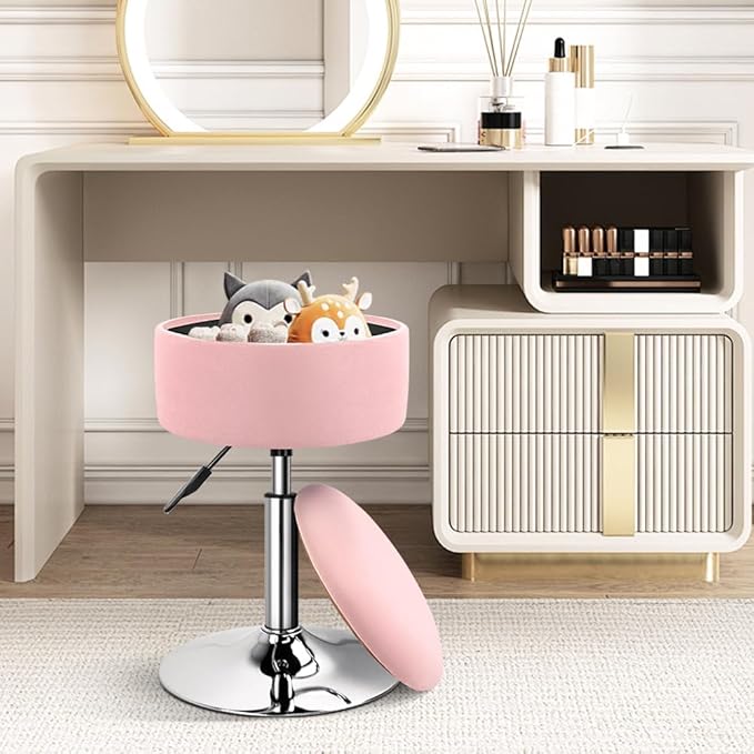 KKTONER Velvet Round Vanity Stool with Storage Height Adjustable Makeup Chair with Swivel Base Non-Slip Small Vanity Stool for Spa Salon Dressing Room Bedroom (Pink)