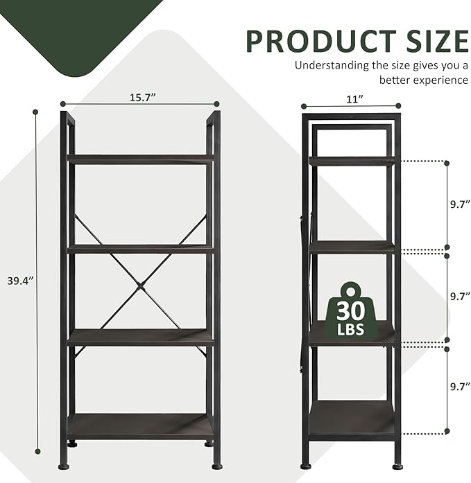 4 Tier Bookshelf, Free Standing Wooden Bookcase with Open Storage Shelves with Metal Frame, Sturdy Shelf Organization Display Rack for Living Room, Bedroom, Home Office, 39.4" Tall, Black