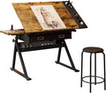 Height Adjustable Drafting Table with Stool, 0-75° Tilting Drawing Desk Artist Desk with 2 Storage Drawers, Watercolor Art Workstation for Home Office Drawing, Painting, Crafting, Writing, Sketching