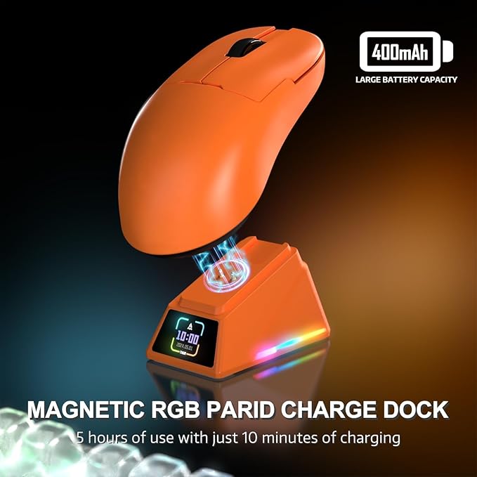 A.JAZZ AJ159APEX 8Khz Wireless Gaming Mouse Ultralight 56g with Magnetic Screen Charging Dock 42000DPI PAW3950 Sensor Tri Mode BT/2.4Ghz/Type-c Wired Programmable for Esport FPS PC Mac Gamer(Orange)