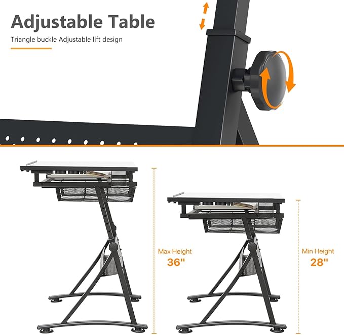 OS MOTOR Adjustable Height Drafting Table with Wood Top, Art Craft Desk with Slide-Out Drawers, Storage, for Drawing, Writing, Painting, and Creative Tasks, Ideal for Home Office, White