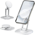 Magnetic Phone Stand for Desk 360 Rotating Adjustable Foldable Aluminum for MagSafe Cell Phone Stand Holder with Non-Slip Base Desk Stand for iPhone 17 16 Pro Max/15/14/13/12 Plus Air (White)