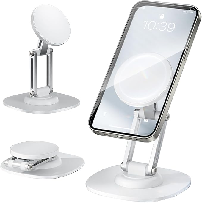 Magnetic Phone Stand for Desk 360 Rotating Adjustable Foldable Aluminum for MagSafe Cell Phone Stand Holder with Non-Slip Base Desk Stand for iPhone 17 16 Pro Max/15/14/13/12 Plus Air (White)