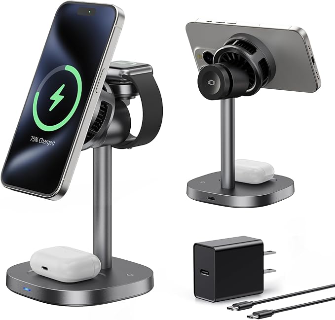 havit 3 in 1 Magnetic Wireless Charging Station, 15W Fast Charging Stand with Cooling Fan, Adjustable Phone Holder, Strong Magnet Charger for iPhone, Apple Watch & AirPods, 45W Adapter Included