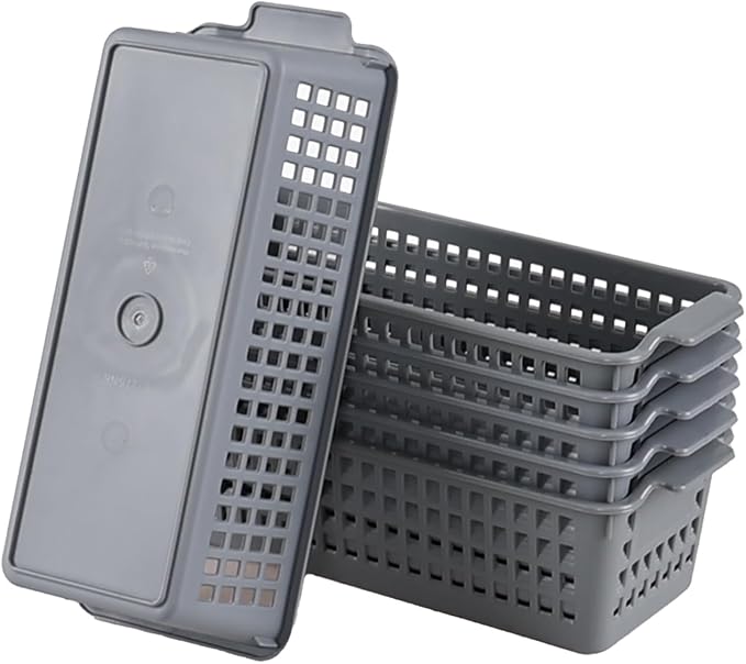 Ggbin 6 Packs Plastic Slim Storage Basket, Small Desktop Storage Basket Bins, Grey