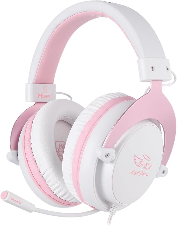 USOTSO MPOWER Stereo Gaming Headset for PS4, PC, Mobile, Noise Cancelling Over Ear Headphones with Retractable Flexible Mic & Soft Memory Earmuffs for Laptop Mac Games-Angel Edition