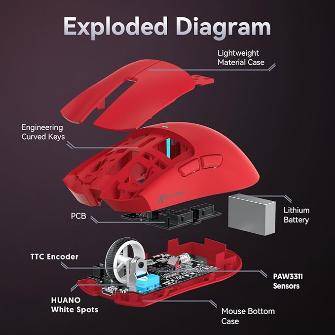 ATTACK SHARK X11 Ultra-Light Triple Mode Gaming Mouse PAW3311 Optical Sensor 22K DPI 5 programmable Buttons with Magnetic Charging Stand for PC/Mac Red