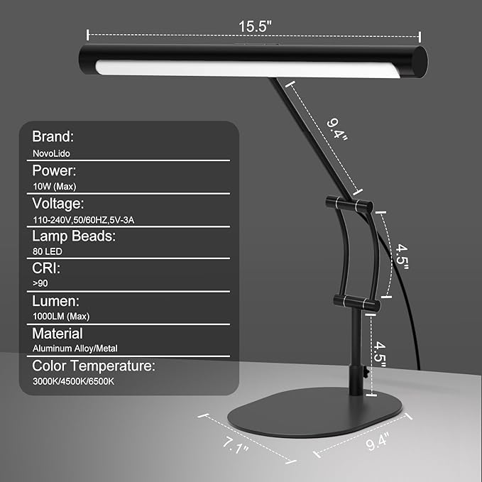 LED Desk Lamp for Home Office, Eye-Protecting Desk Light with Base，3 Color 10 Brightness Metal Table lamp,Suitable for Work, Study and Reading (Black)