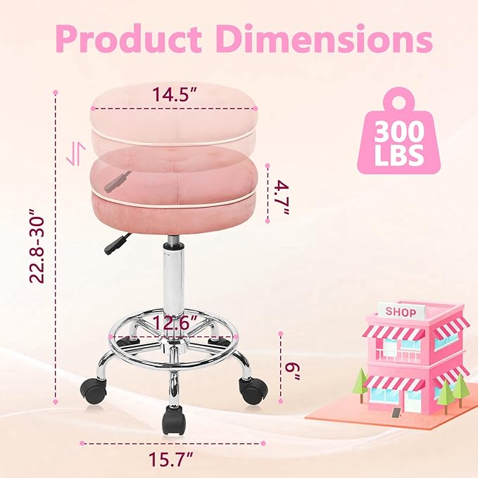 KLASIKA Velet Rolling Bar Stool with Wheels, Tall Drafting Stool with Adjustable Height and Footrest, Multi-Purpose Office Desk Chair for Home Kitchen Shop Work, Pink (1PK)