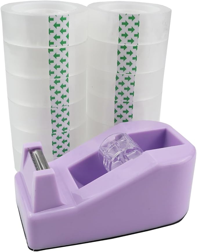 Desktop Tape Dispenser,1 Pack Purple Tape Dispensers with 12Rolls Transparent Tape, for Packaging in Office,Restaurant, Flower Shop,Cake Shop (Purple)