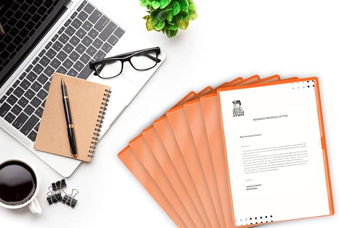 Doctor Stuff - 25 Pack L-Type Vinyl Plastic File Folders Letter Size, Orange Pocket Project Folders Clear Front, Documents Holder for Home, High School, Office and Medical Files