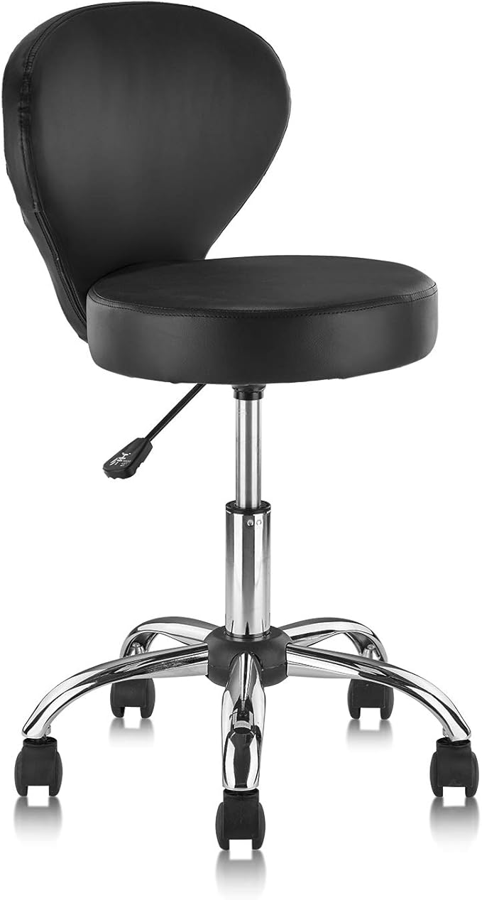 KLASIKA Leather Rolling Swivel Salon Stool Chair with Back Support Adjustable Hydraulic Seat Height 22 in for Office Massage Facial Spa Medical Drafting Tattoo Beauty Barber