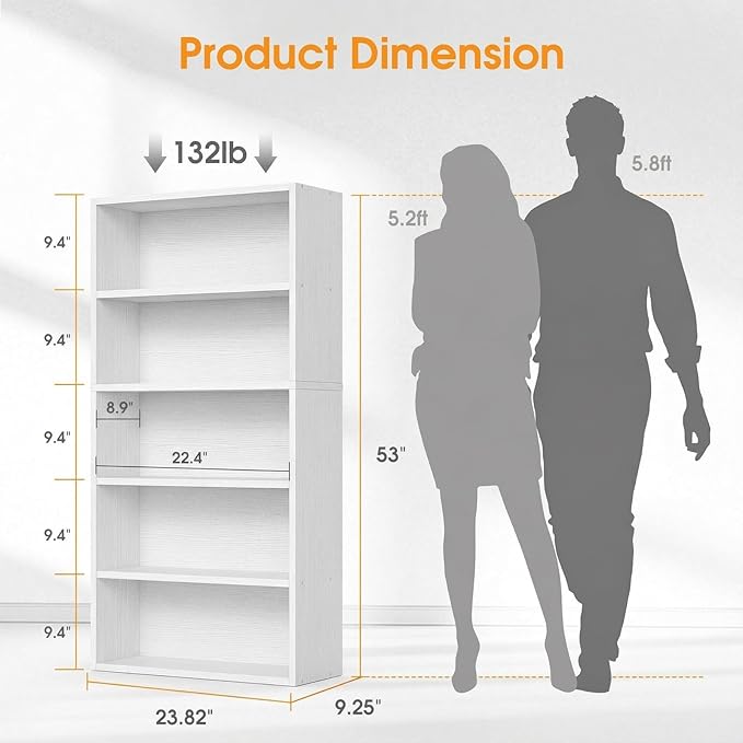 Sweetcrispy Industrial 5 Shelf Bookcase - Large 53 Inch Tall Floor Standing Open Bookshelf for Home Office, Living Room, and Bedroom Storage, Classic White
