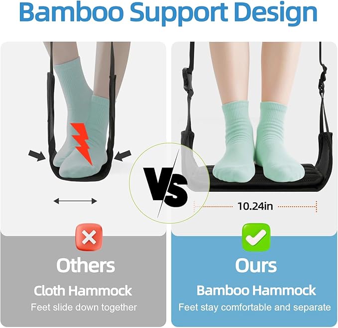 Foot Hammock for Plane Travel, No Collapse Airplane Foot Hammock with Bamboo Panel for Firm Support, Wide Leg Sling for Airplane Travel with Adjustable Straps