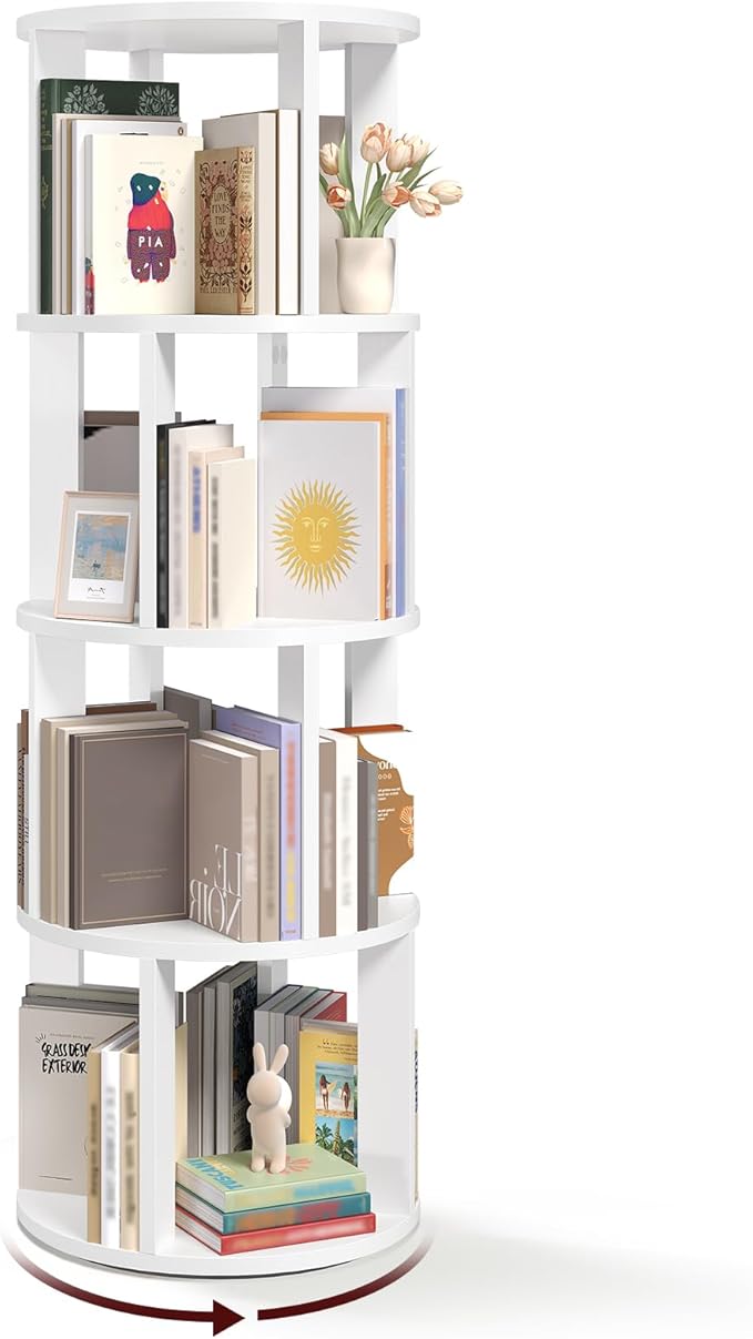 MAHANCRIS 4-Tier Rotating Bookshelf, 360° Spinning Bookshelf Tower, Floor Standing Round Revolving Bookcase, Display Rack for Books, CDs, for Living Room, Study, Bedroom, White BKWT6401