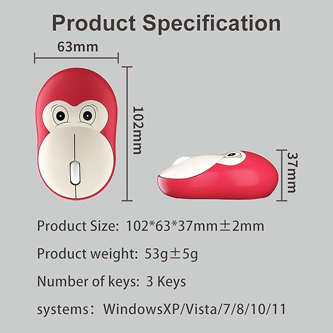 Lomiluskr Cute Monkey Wireless Mouse, Silent Mice, 2.4G Wireless Mice, Candy Colors, Kawaii Mouse for Girls and Kids (Blue Monkey)