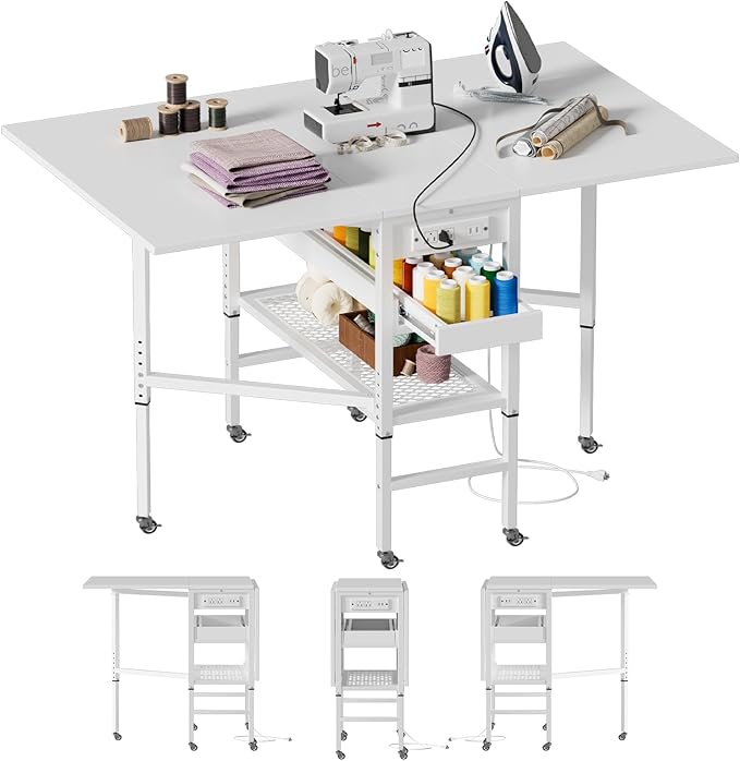 PAKASEPT Height Adjustable Sewing Cutting Table with Charging Station, Folding Craft Table with Storage,Movable Shelves for Large Fabric, Mobile Sewing Desk for Home Office Sewing/Craft Room,White