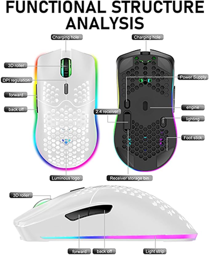 XINMENG Wireless Gaming Mouse Lightweight Honeycomb Design 3200 DPI Rechargeable Gaming Mouse with 16 Rainbow Backlit, USB Receiver,Compatible with PC Gamers and Xbox and PS4 Users