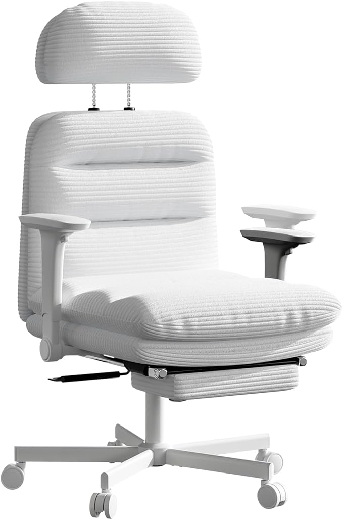 GXJ Criss Cross Chair with Flip-up Arms, Executive Office Chair with Foot Rest, Swivel Cross Legged Office Chair with Lumbar Pillow&Headrest, Corduroy Comfy Computer Desk Chair for Home, White