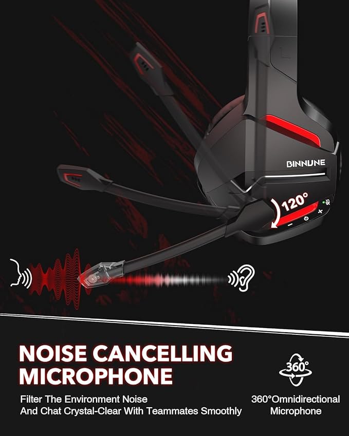 BINNUNE Wireless Gaming Headset for PS5 PC, 120H Ultra-Long Battery, 2.4GHz & Bluetooth 5.3 Wireless Headphones with Noise Canceling Mic, 50mm Drivers, Comfort Over Ear Headphones, Black