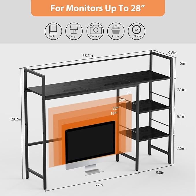 HavenlyYouth Desk Shelf, 38.6 Inch Wood Desk Organizer Shelf for Computer Monitor, Desk Hutch Storage, Desktop Shelf for Top of Desk, 3 Tier Desktop Bookshelf for Home Office Dorm, Black