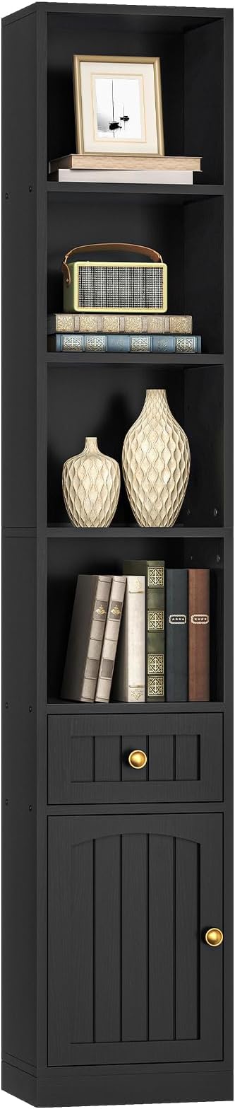 HOOBRO 70.9" Inch Tall Bookcase, Tall Narrow Bookshelf with Storage Cabinet, Open Shelf with Adjustable Shelf, Space Saving Storage Shelf Bookcase for Office, Living Room, Bedroom, Black BK42SJ01