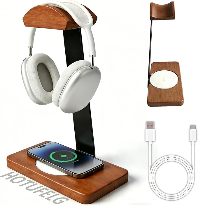 Solid Wooden Headphone Holder with Fast Wireless Charging Pad, Universal Headset Stand for Gaming Desk, Headphone Rack Wireless Charger Compatible with iPhone Samsung with QI Function (White