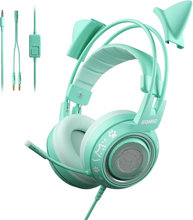 SOMIC G951S Green Gaming Headset with Microphone for PS4, PS5, Xbox One, PC, Cat Ear Headphones Over Ear with in-Line Mic Control, Stereo Sound for Girls, Woman