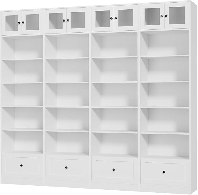 TUSY 85.5 Inch Tall Bookshelf with Doors - 7 Tier Bookcase with Glass Doors and Drawer, 23.6" Wide Storage Cabinet with Open Shelves for Living Room, White Book Shelf for Home Office, Study (BBBB)