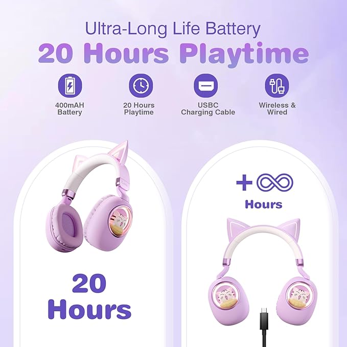 Xmenha Cat Ear Headphones for Kids, Cute Children Girl Wireless Bluetooth Headphones for School, Purple Kindergarten Light up Kawaii Kitty Noise Cancelling Headphones for Kids Teens Child Airplane